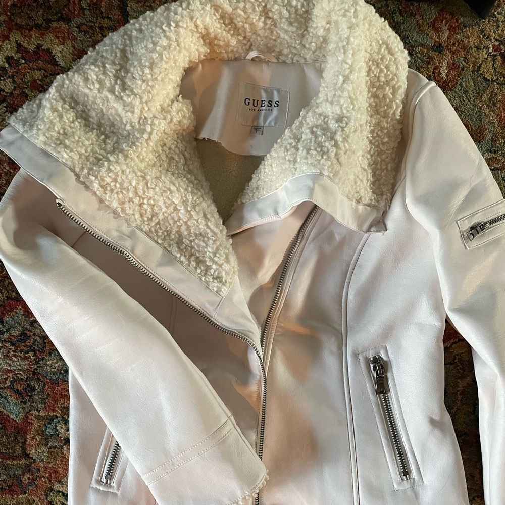 Guess white moto vegan leather jacket size Large